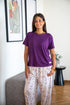 Women summer pajama set Purple Tee + Minimal floral vine Pants